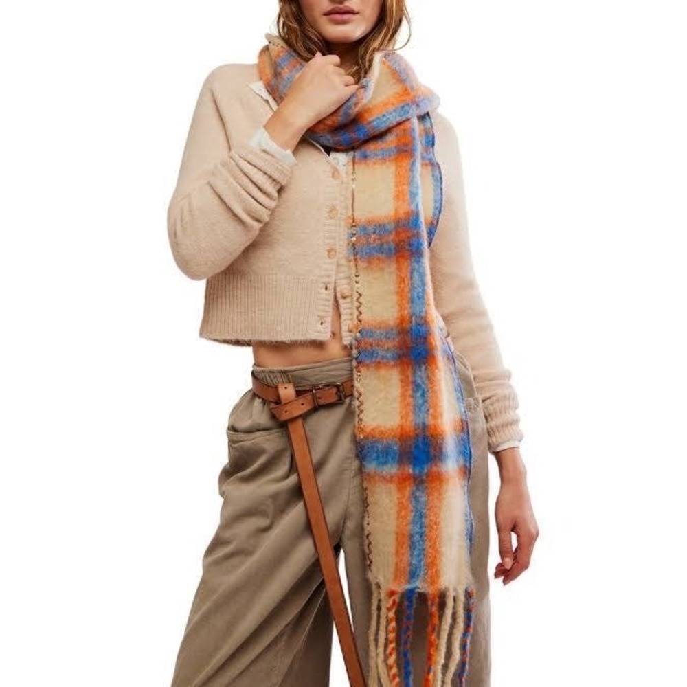 Free People Plaid Scarf Orange Blue Fuzzy Knit Embroidered Fringe One Size